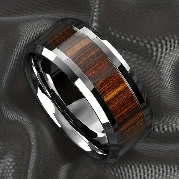 MENS RING BLACK STAINLESS STEEL POLISHED WOOD INLAY CERAMIC WEDDING NEW - Picture 2 of 2